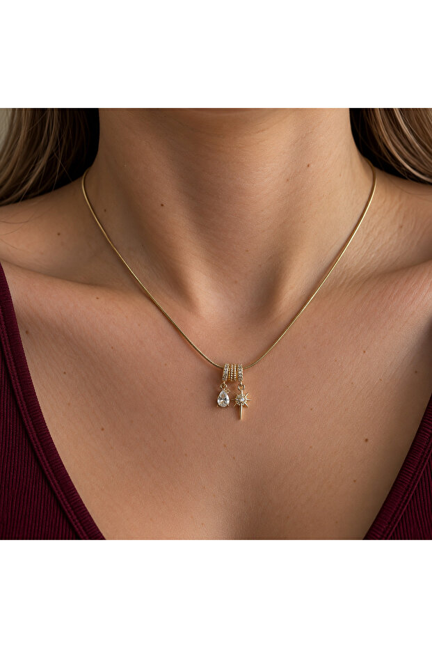 Thin Italian Snake Chain with Drop and North Star Charms Elegant Gold Stainless Steel Necklace (Tarnish Guarantee)
