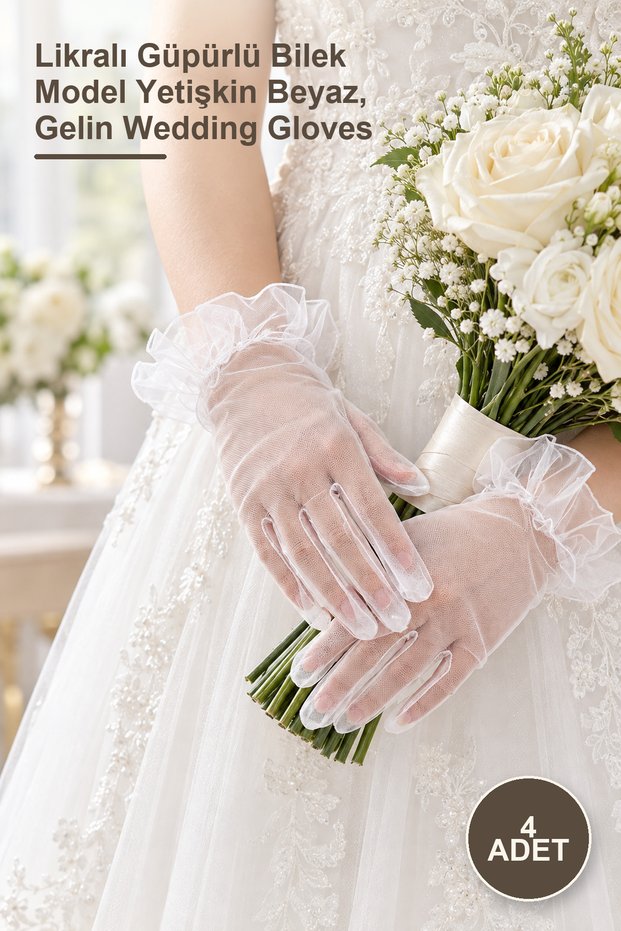 4 Pieces of Short Tulle Gloves – Lycra Laced Wrist Model Adult White, Bridal Wedding Gloves