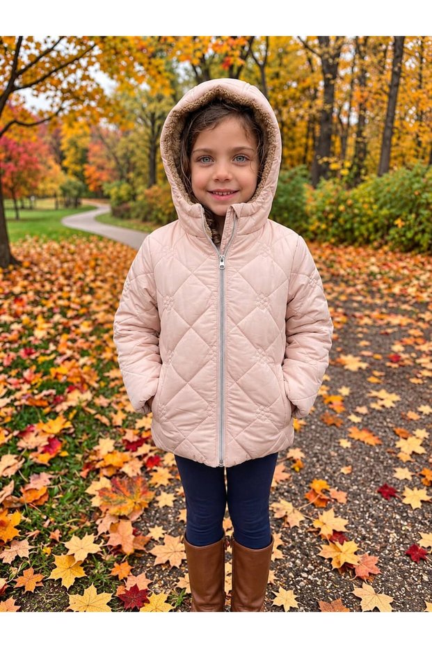 Floral Quilted Patterned Water and Windproof Girls' Coat