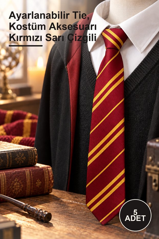5 Pieces Harry Potter Gryffindor Zipper Tie – Adjustable Tie, Costume Accessory Red and Yellow Stripes