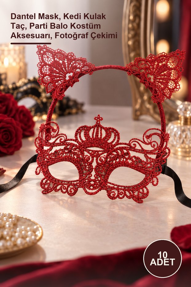 10-Piece Red Lace Crown Mask Set – Lace Mask, Cat Ear Crown, Party Prom Costume Accessory, Photo Shoot