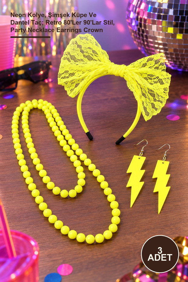 3-Piece Neon Party Accessory Set – Neon Necklace, Lightning Earrings, and Lace Crown; Retro 80S 90S Style, Party Necklace Earrings Crown