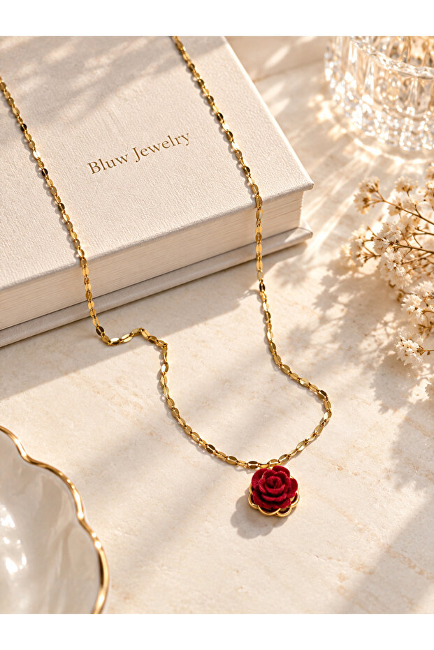 Velora Red Rose Figured Steel Chain Necklace