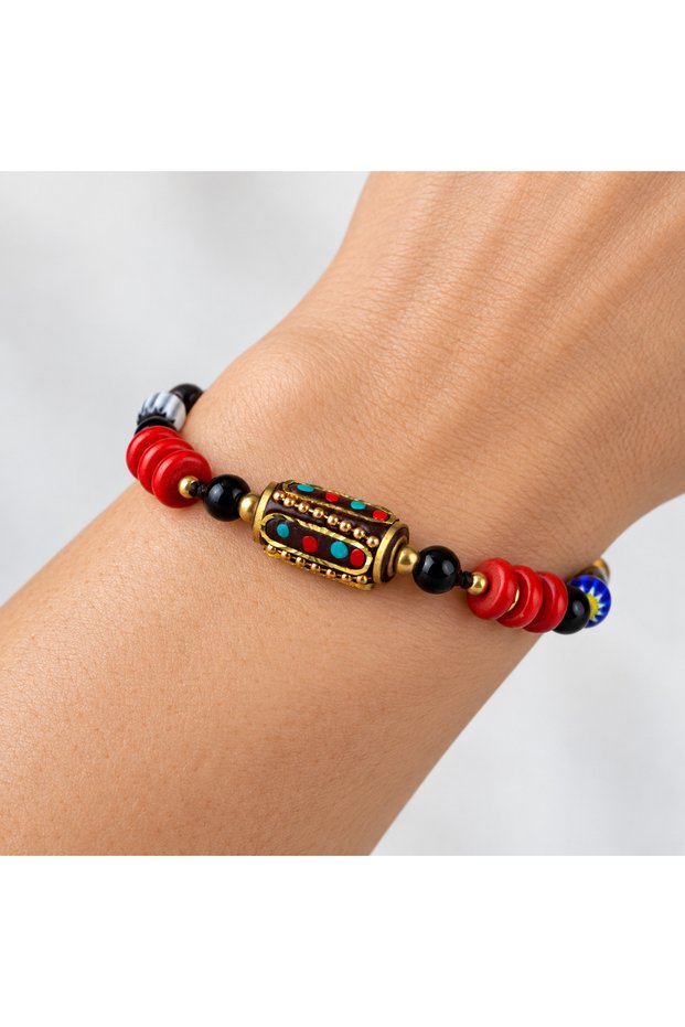 Red Black Beaded Ethnic Patterned Cylinder Figured Adjustable Bracelet