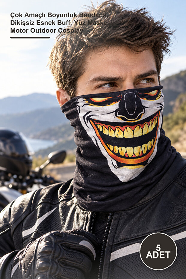 5 Pcs Joker Smiling Baf Mask – Multi-Purpose Neck Gaiter Bandana, Seamless Stretchy Buff, Face Mask, Motor Outdoor Cosplay
