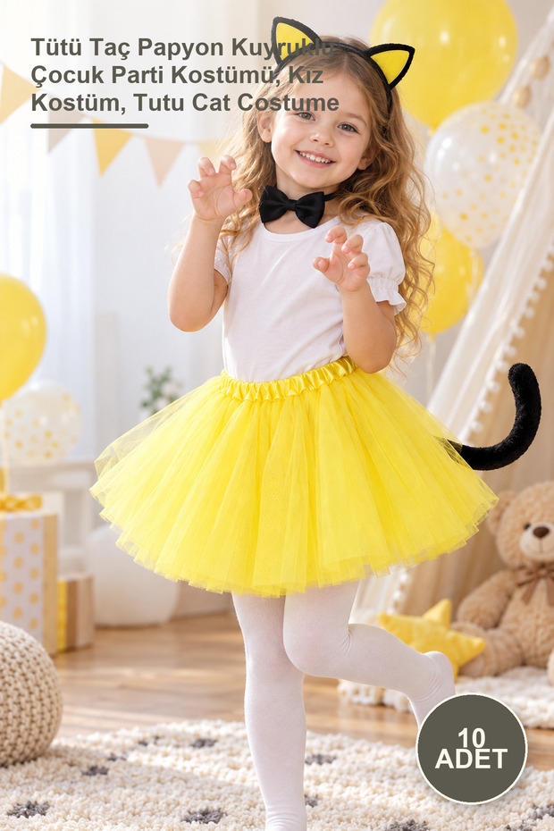 10 Pcs Yellow Skirted Cat Costume Set – Tutu Crown Bowtie Tail Kids Party Costume, Girls Costume, Tutu Cat Costume
