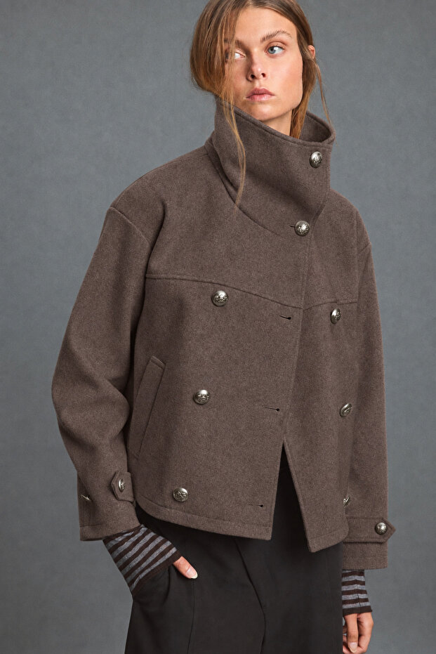 Stradi Model High Collar Double-Breasted Wool Cashmere Coat Jacket