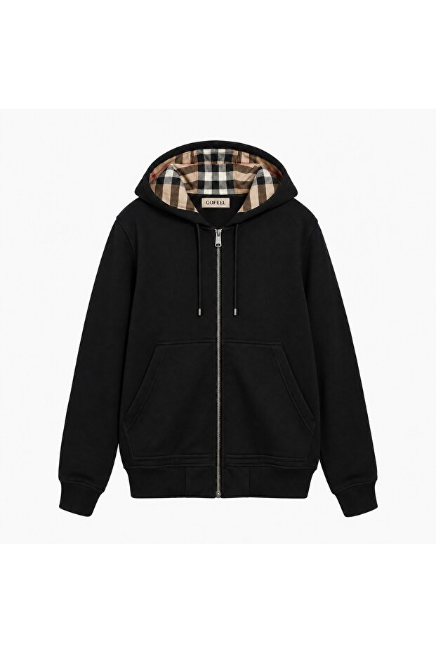 Plaid Inner Detailed Zippered Hooded Hoodie Zip Cardigan