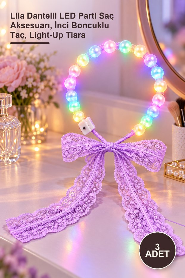 3Pcs Colorful Light-Up Pearl Crown – Lilac Lace Led Party Hair Accessory, Pearl Beaded Crown, Light-Up Tiara