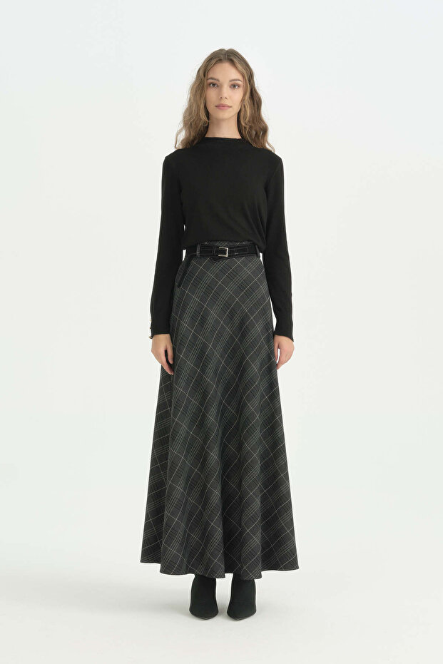 Semicircular Plaid Skirt with Belt - Black