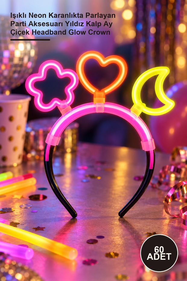 60 Pieces Glow Stick Crown Set – Light-Up Neon Glow-In-The-Dark Party Accessory Star Heart Moon Flower Headband Glow Crown
