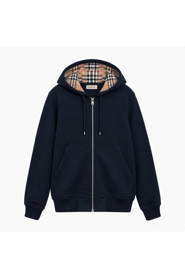 Plaid Inner Detailed Zippered Hooded Hoodie Zip Cardigan