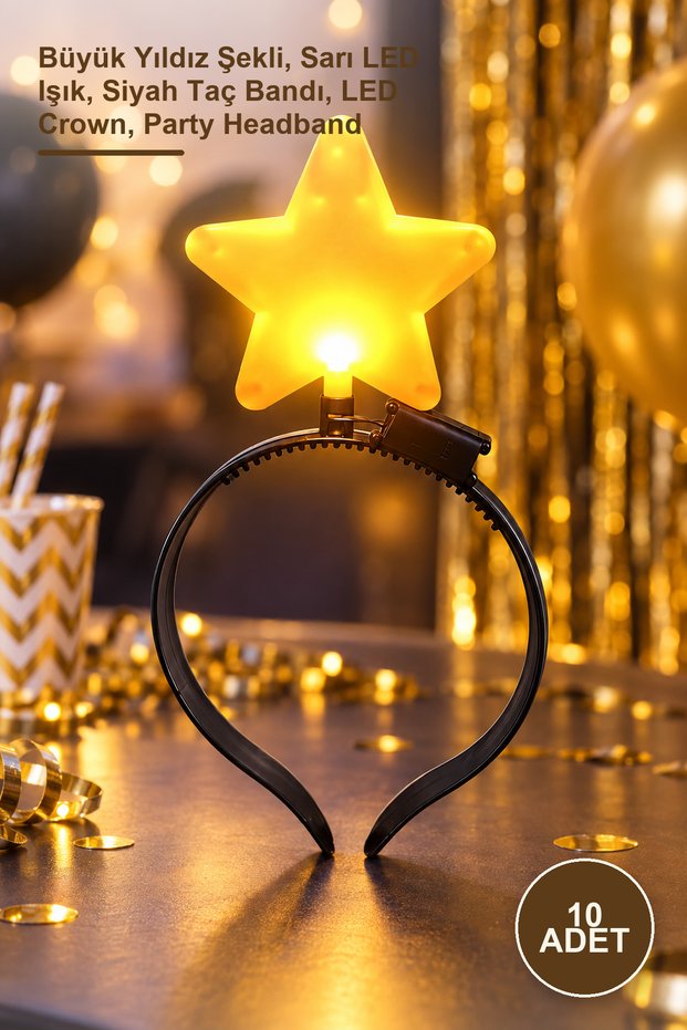 10 Pieces Light-Up Star Party Crown – Large Star Shape, Yellow Led Light, Black Crown Headband, Led Crown, Party Headband