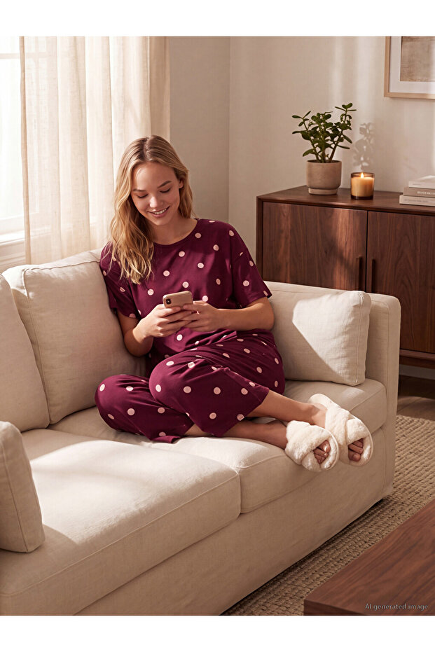 Vizyon New Season Burgundy Polka Dot Women's Capri Pajama Set
