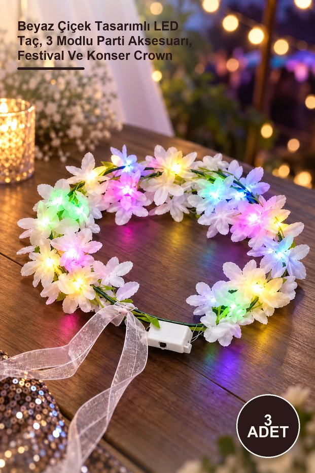 3Pcs Light up Flower Crown – White Floral Design Led Crown, 3 Modes Party Accessory, Festival and Concert Crown