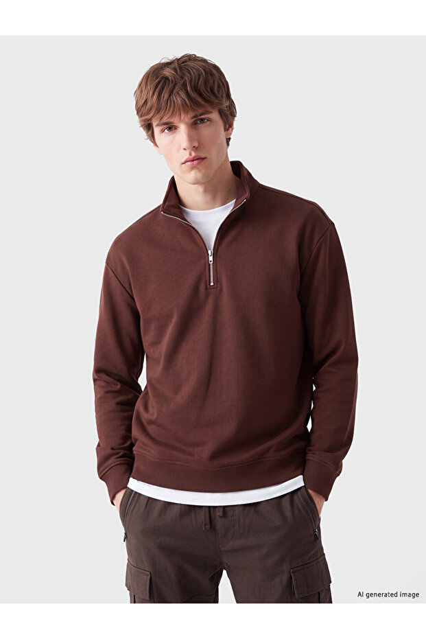 Vizyon New Season Burgundy High Collar Men's Thick Sweatshirt