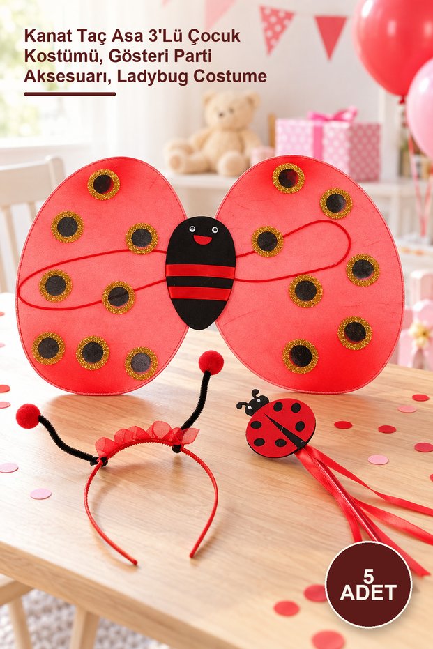 5 Piece Ladybug Costume Set – Wings, Crown, Wand, 3-Piece Children's Costume, Show Party Accessory, Ladybug Costume