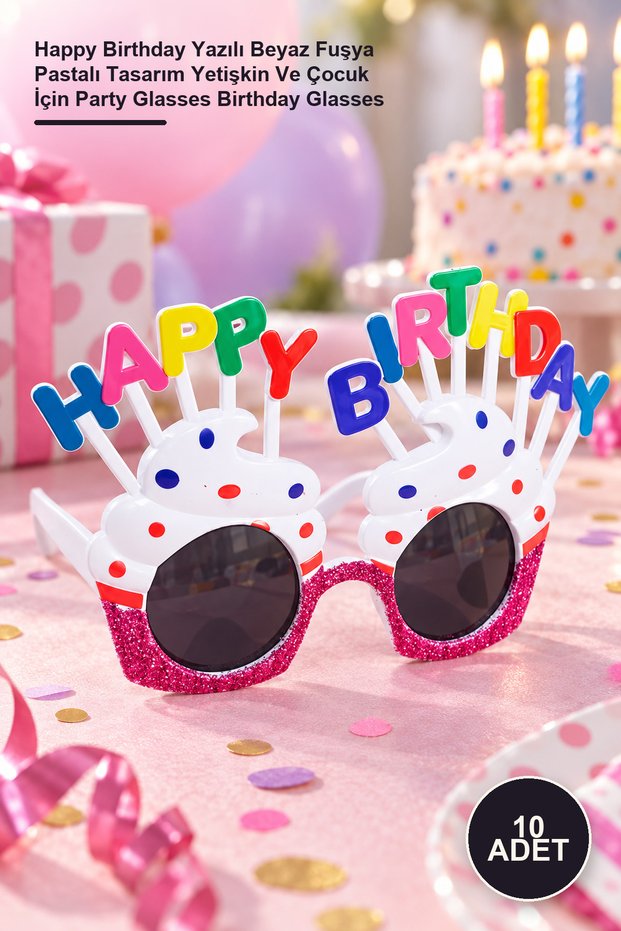 10 Party Glasses – Happy Birthday Written White Fuchsia Cake Design Party Glasses Birthday Glasses for Adults and Children