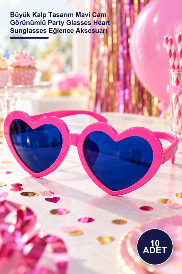 10 Pieces Mega Size Pink Heart Party Glasses – Large Heart Design Blue Glass Look Party Glasses Heart Sunglasses Entertainment Accessory