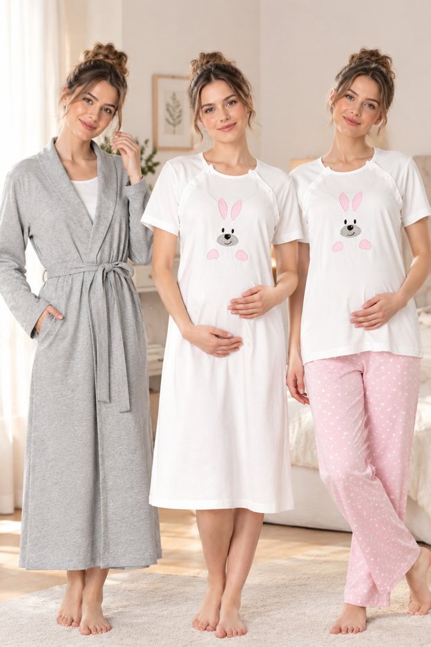 Maternity Cotton Dressing Gown Nightgown, Pajama Set 4 Piece Maternity Set Effortt