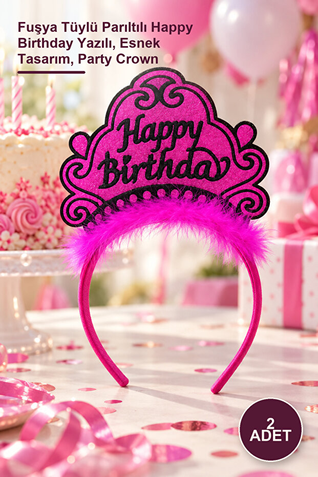 2 Pieces Princess Birthday Crown – Fuchsia Feathered Glitter with Happy Birthday Written, Flexible Design, Party Crown