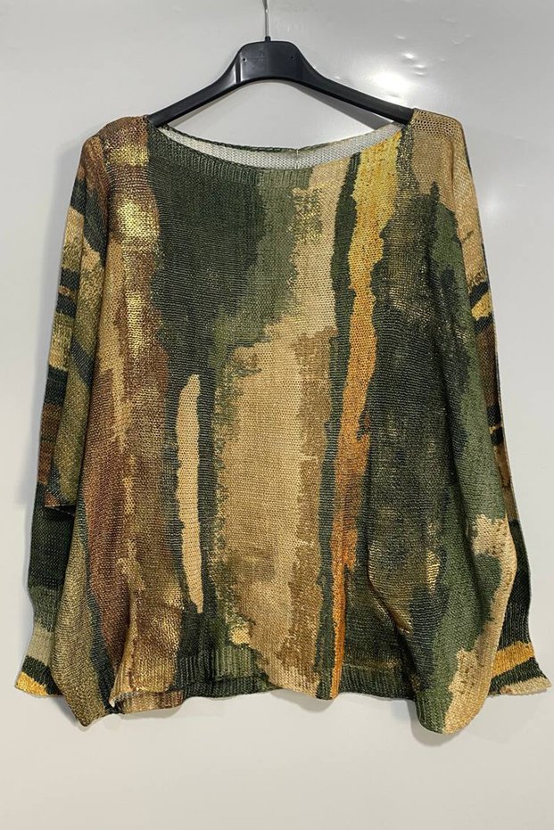Women's Italian Gilded Printed Patterned Long Sleeve Mercerized Blouse Sweater