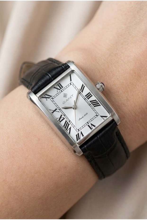 Silver Rectangular Case Women's Wristwatch | 24mm Stainless Steel Case, Black Leather Band