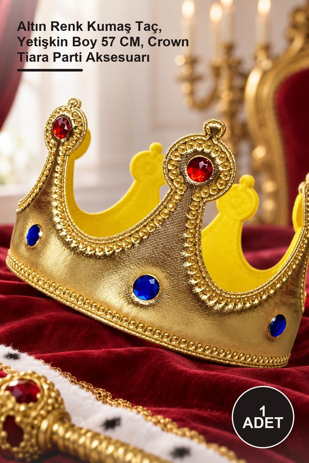 1 Piece King Crown – Gold Color Fabric Crown, Adult Size 57 Cm, Crown Tiara Party Accessory