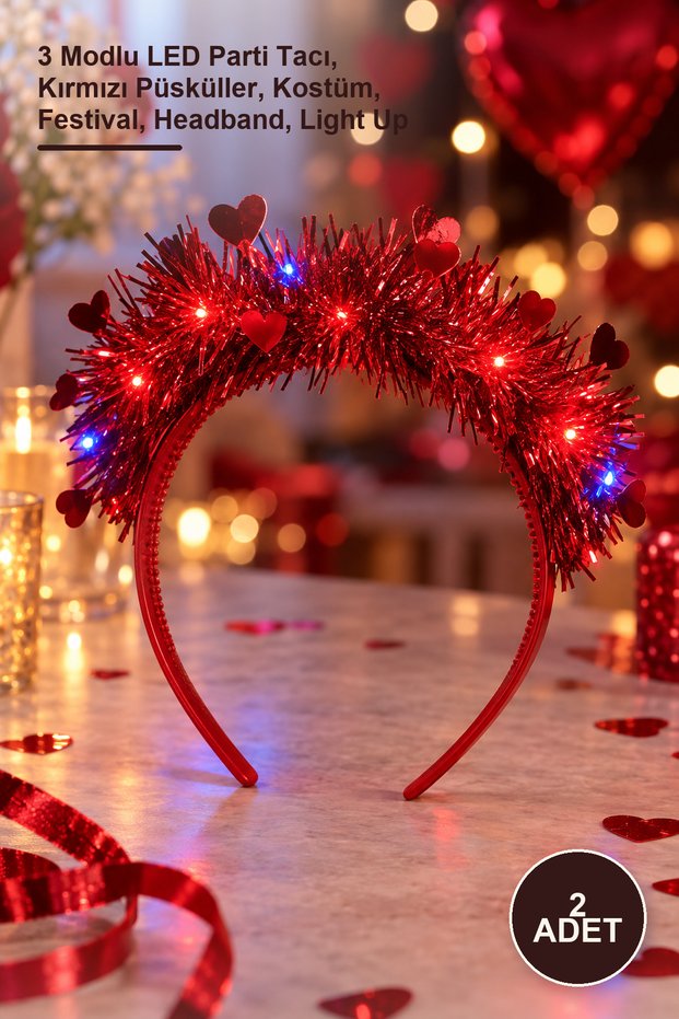 2 Pieces Heart Tassel Light up Crown – 3 Modes Led Party Crown, Red Tassels, Costume, Festival, Headband, Light up