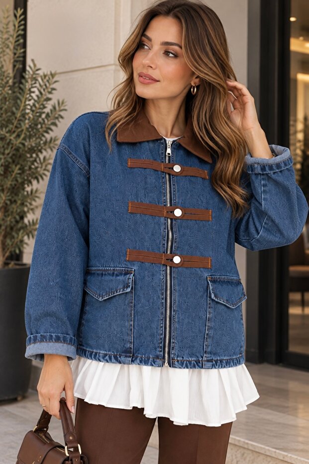 Women's Contrast Collar Detailed Oversize Zippered Denim Jacket Sb0061