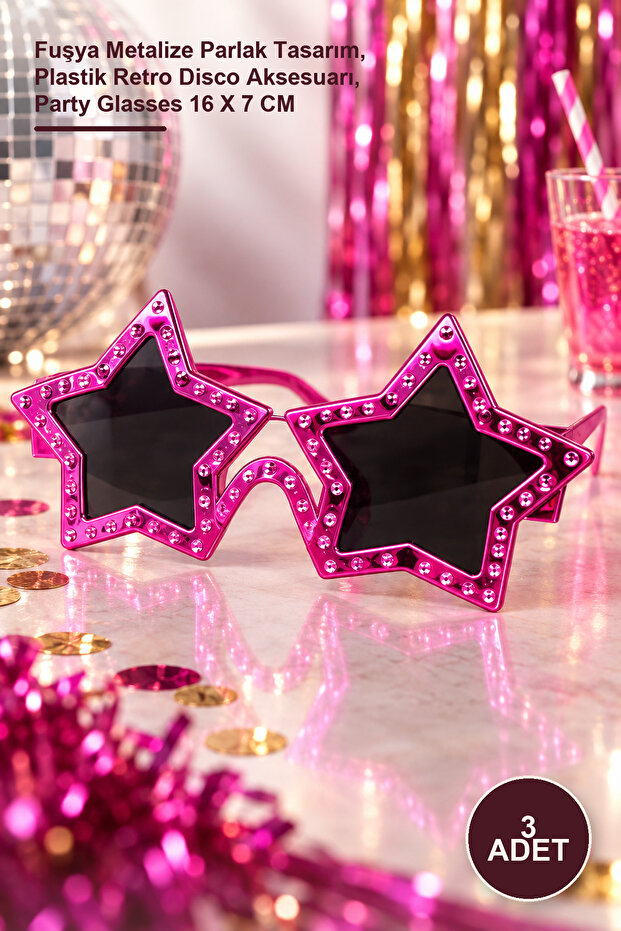 3 Pieces Star-Shaped Party Glasses – Fuchsia Metallized Shiny Design, Plastic Retro Disco Accessory, Party Glasses 16 X 7 cm