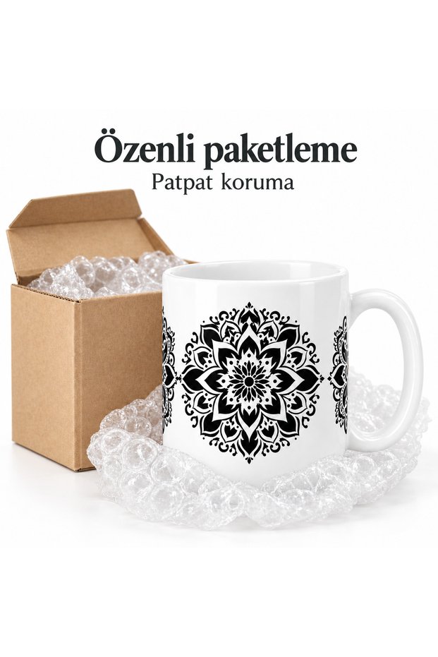 Mandala Patterned Porcelain Mug 300 ml Black and White Bohemian Ethnic Motif Coffee and Tea Cup with Handle Gift
