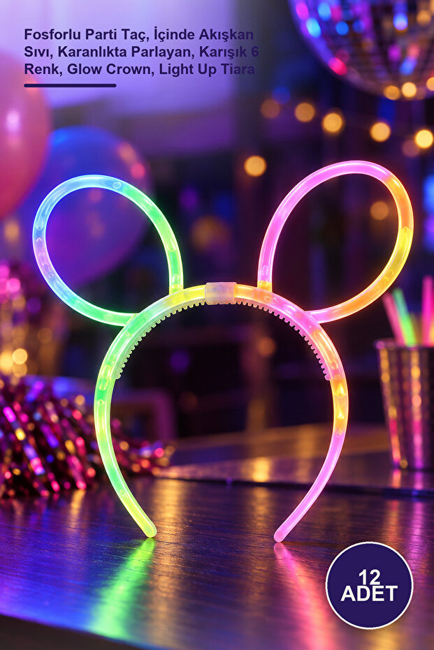 12 Pieces Glow Crown – Phosphorescent Party Crown, with Flowing Liquid Inside, Glows in the Dark, Mixed 6 Colors, Glow Crown, Light up Tiara