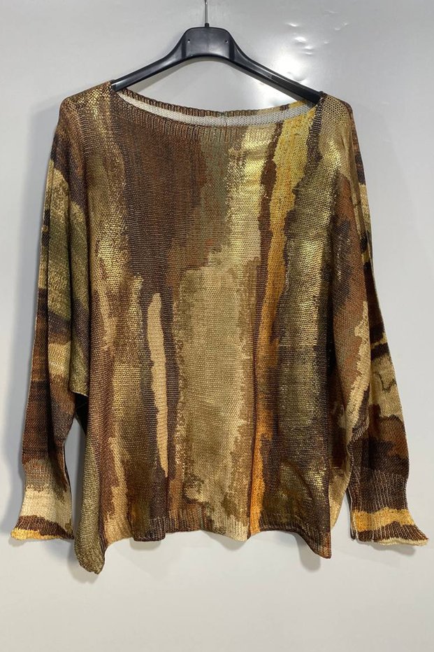 Women's Italian Gilded Printed Patterned Long Sleeve Mercerized Blouse Sweater