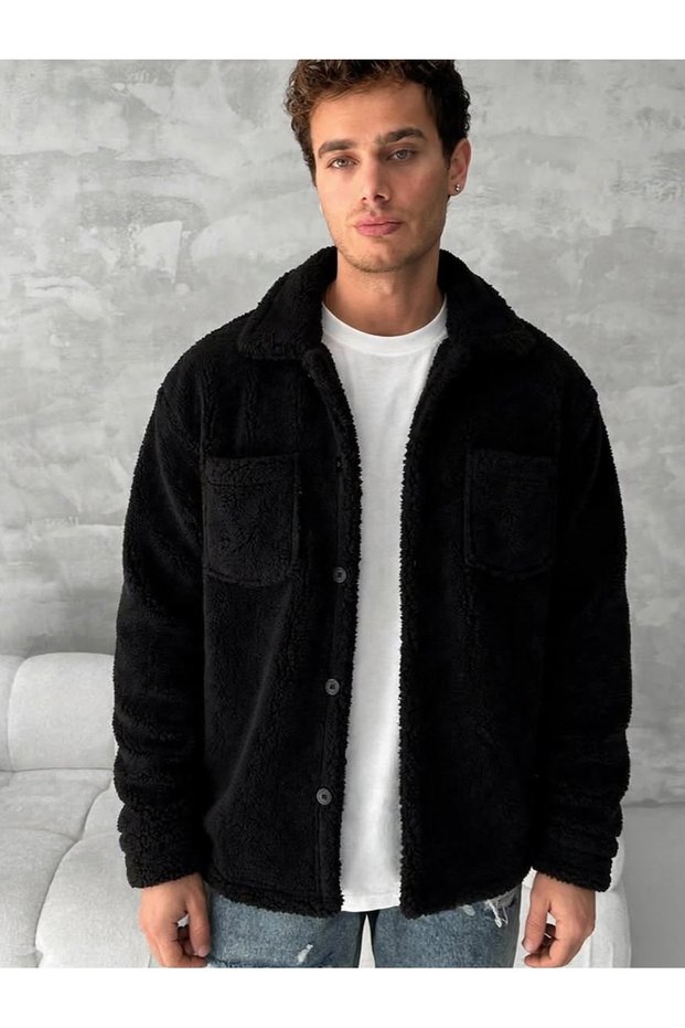 Men's Plush Teddy Jacket Oversized Shirt Collar Buttoned Pocketed Winter Coat
