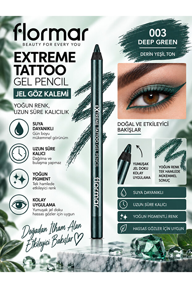 Extreme Tattoo - 003 Deep Green - 1.2 g – Waterproof, Intensely Pigmented, Long-Lasting Gel Pen for All-Day Wear