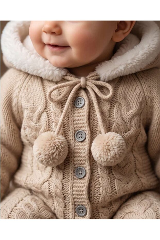 100% Knitwear Unisex Baby Jumpsuit with Pompom