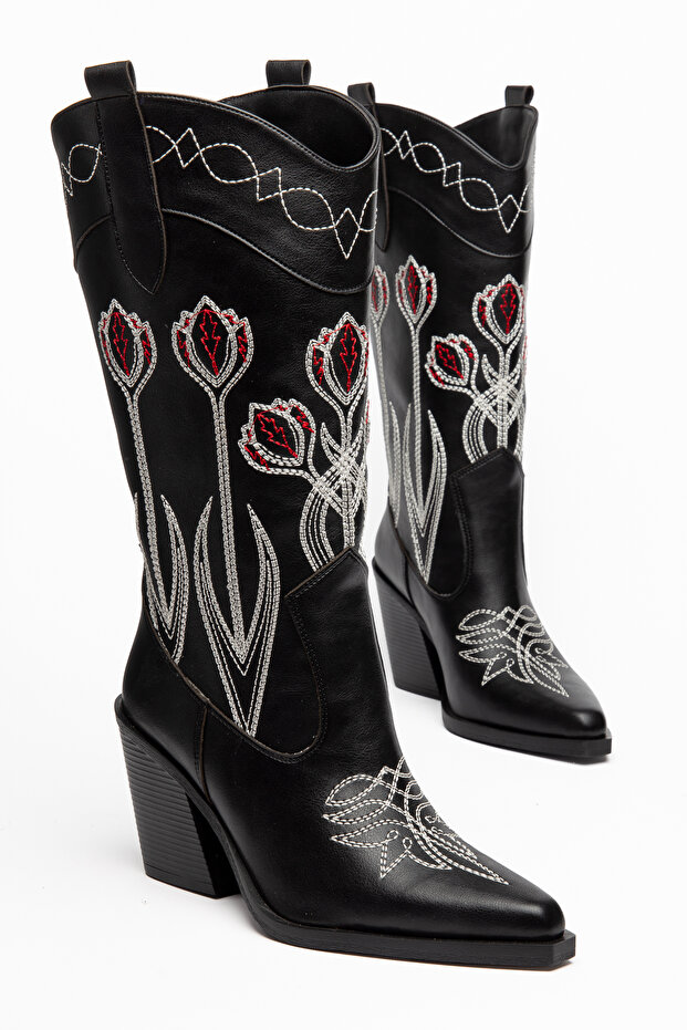 Women's Cowboy Boots Embroidered Pointed Toe Thick Heel Western Boots