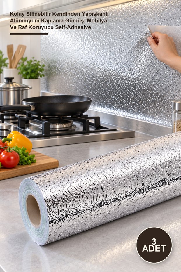 3 Pieces Kitchen Countertop and Wall Foil – Easy to Wipe Self-Adhesive Aluminum Coating Silver, Furniture and Shelf Protector Self-Adhesive