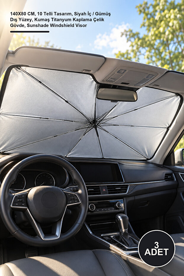 3 Pieces Car Front Windshield Sunshade – 140X80 Cm, 10 Wire Design, Black Interior / Silver Exterior Surface, Fabric Titanium Coated Steel Body, Sunshade Windshield Visor