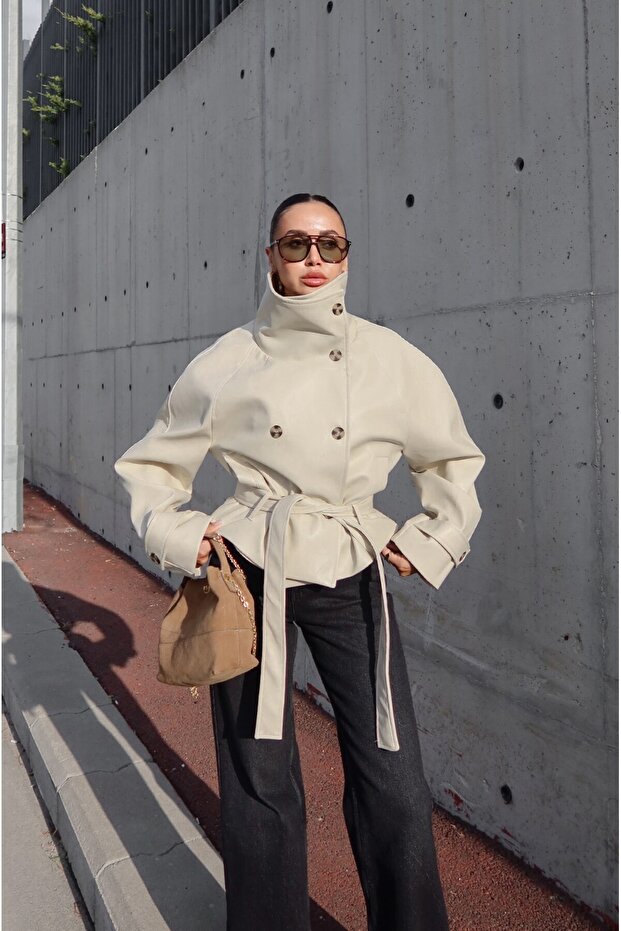 Cream Color Ruta High Collar Leather Trench Coat