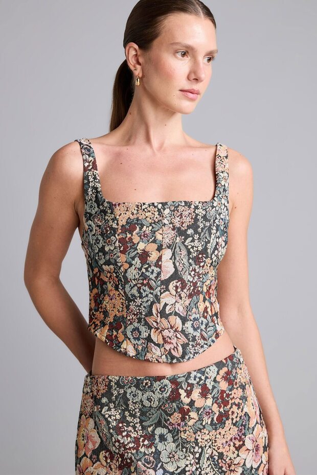 Square Neck Corset Detailed Floral Patterned Strap Blouse I8258Ax26Au