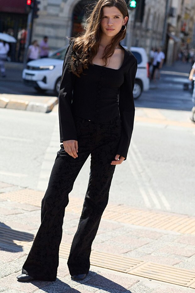 Jacquard Flare Fit Regular Waist Standard Length Trousers with Pockets I8850Ax26Au