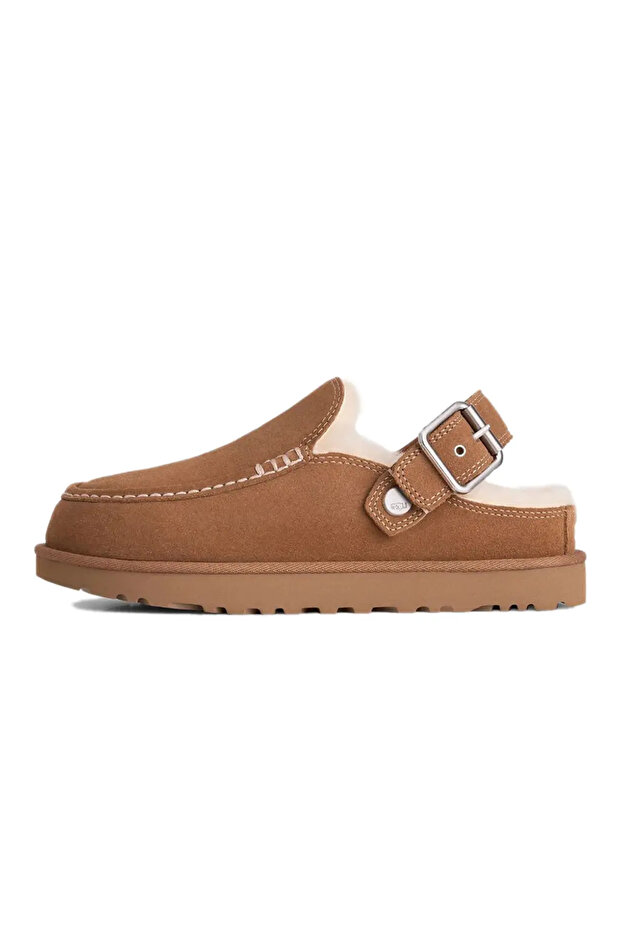 Women's Adjustable Strap Soft Wool Inside and Suede Outside Tan Slippers