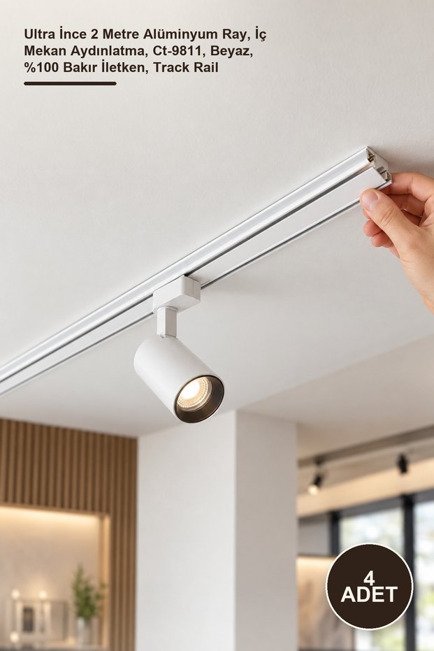 4 Pieces of Rail Profiles – Ultra Thin 2 Meter Aluminum Rail, Indoor Lighting, Ct-9811, White, 100% Copper Conductor, Track Rail