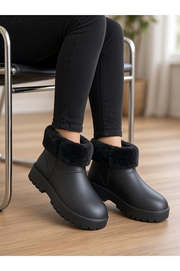 Women's Fur Waterproof Ankle Boots-Black