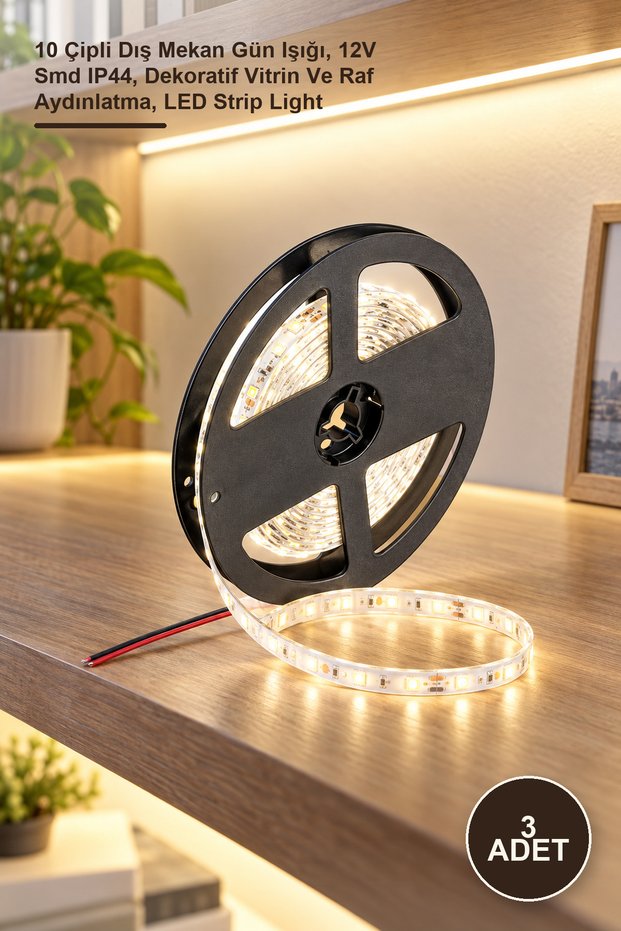 3 Pieces Ct-4488 Led Strip – 10 Chip Outdoor Daylight, 12V Smd Ip44, Decorative Showcase and Shelf Lighting, Led Strip Light