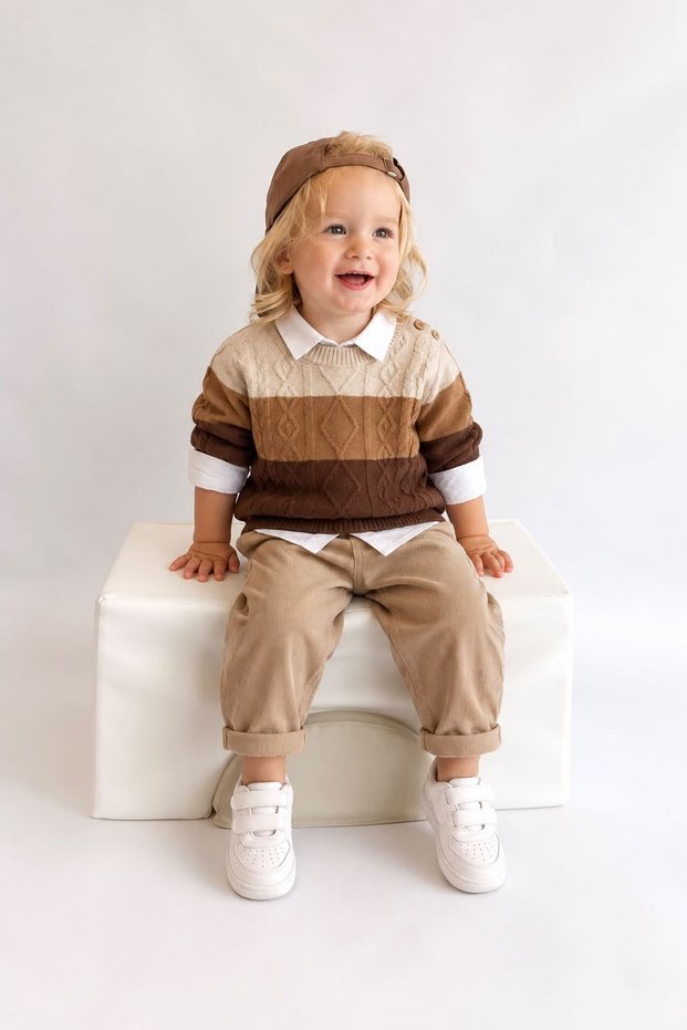 Knitted Patterned Sweater and Shirt for Baby Boy, 3-Piece Set - Brown