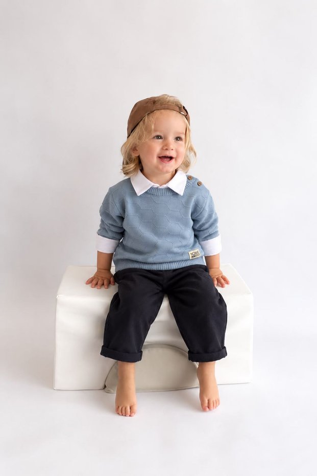 Honeycomb Patterned Knitwear Sweater and Shirt for Baby Boy 3-Piece Set - Blue