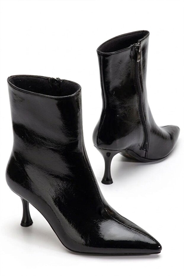 Women's Fairy Black Patent Leather 7 cm Heeled Pointed Toe Zippered Boots